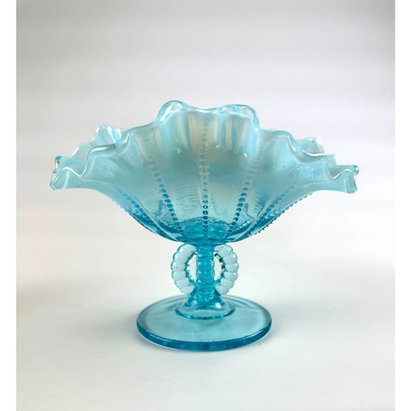 Vintage Fenton For LG Wright Blue Opalescent Beaded Footed Ruffled Edge Compote - Picture 9 of 14
